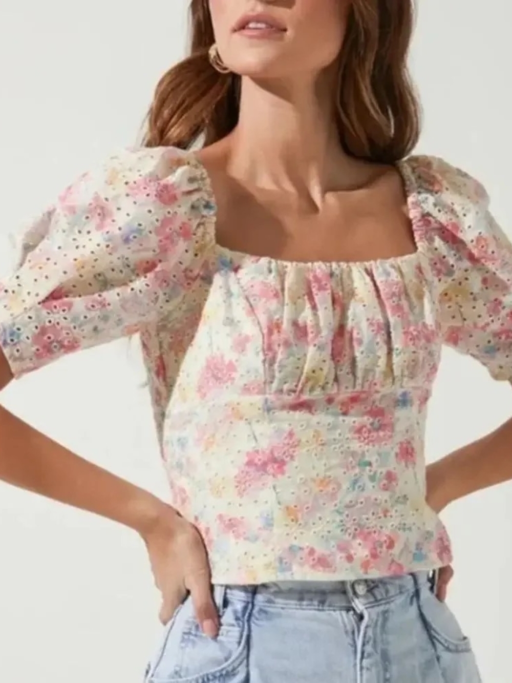 Astr Floral Square-Neck Puff Sleeve Top - Cream Pink Multicolor